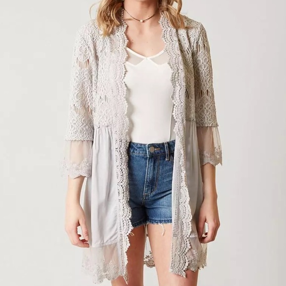 BKE Boutique Chiffon Lace overlay Flyaway Cardigan. Size XSmall Glacier … - Picture 12 of 14